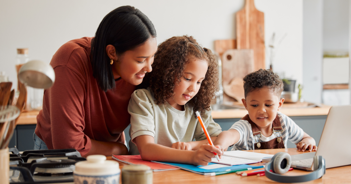 A family doing homework together.